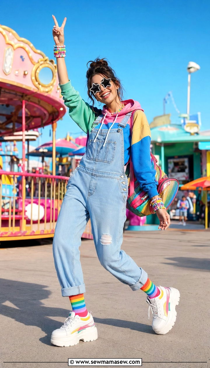 Kidcore Colorblock Hoodie and Denim Overalls Outfit - 35 aesthetic outfits