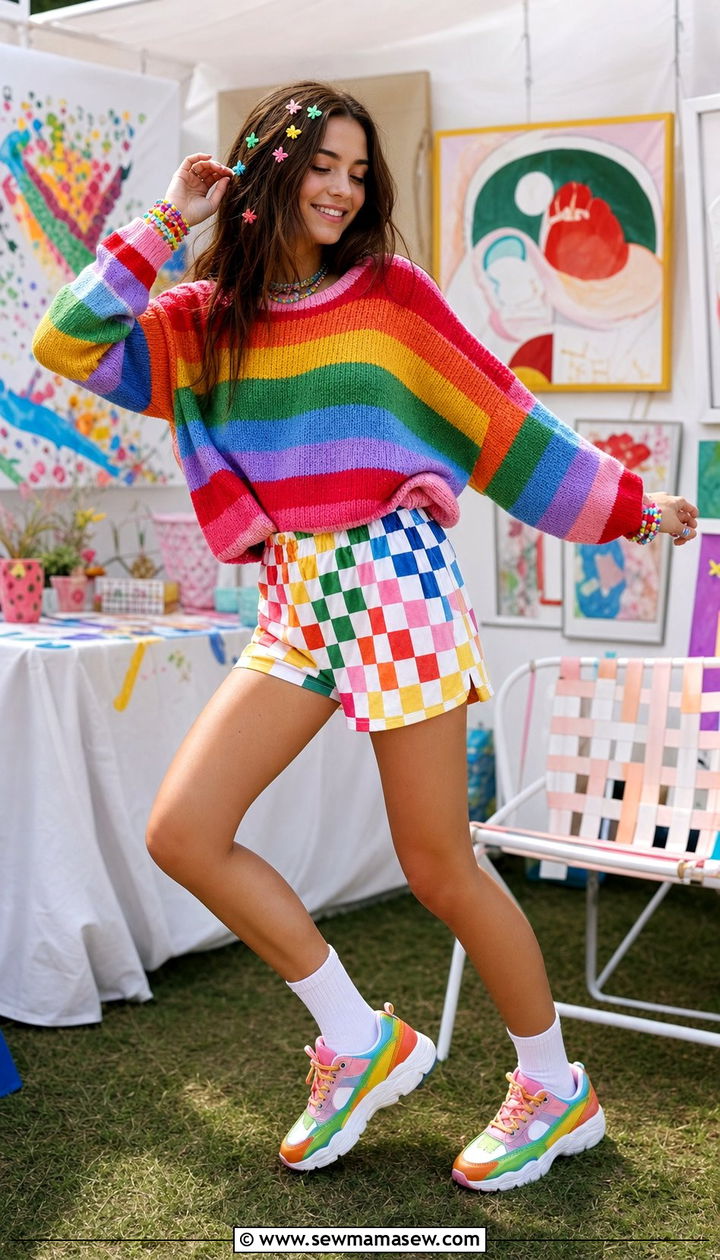 Kidcore Striped Sweater and Colorful Patterned Shorts Outfit - 25 cute outfits aesthetic
