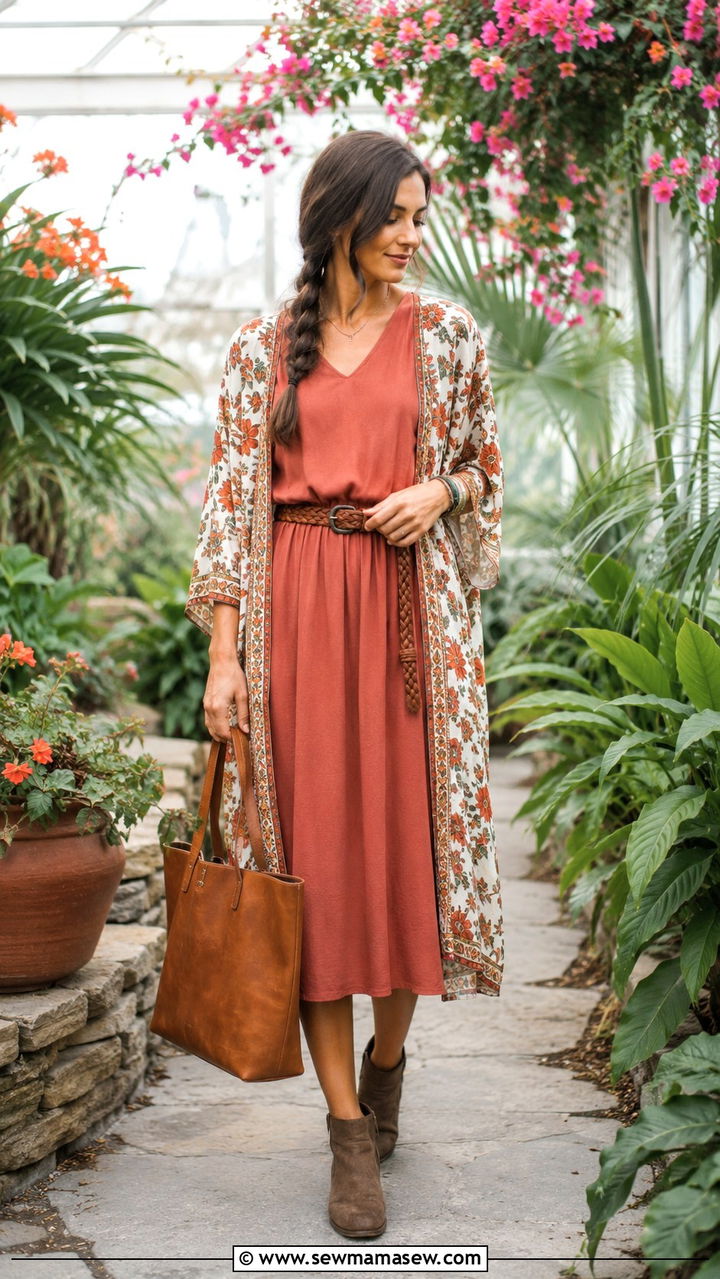 Kimono Cardigan Layered Over Long Sleeve Midi Dress - 30 Modest outfit ideas boho