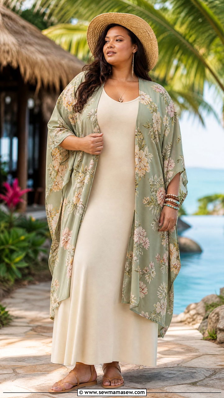 Kimono Cardigan Layered with Maxi Dress Plus Size - 30 Modest outfit ideas plus size
