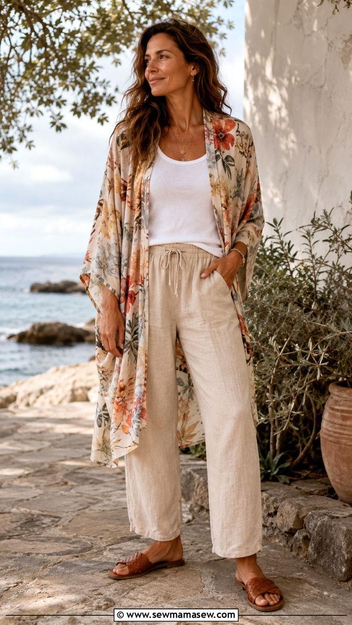 Kimono Cardigan With Linen Pants Boho Look - 20 Boho outfit ideas Free People style