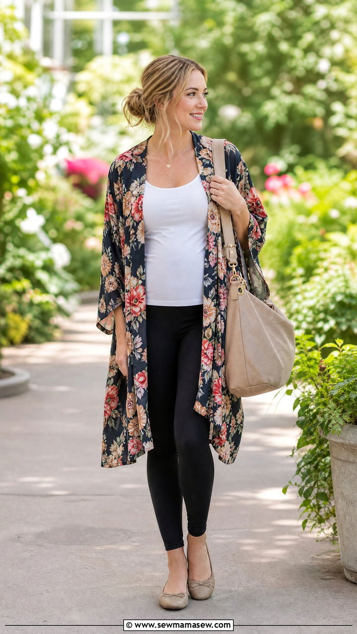 Kimono Cardigan and Tank Top with Leggings Outfit - 30 summer outfits for postpartum moms