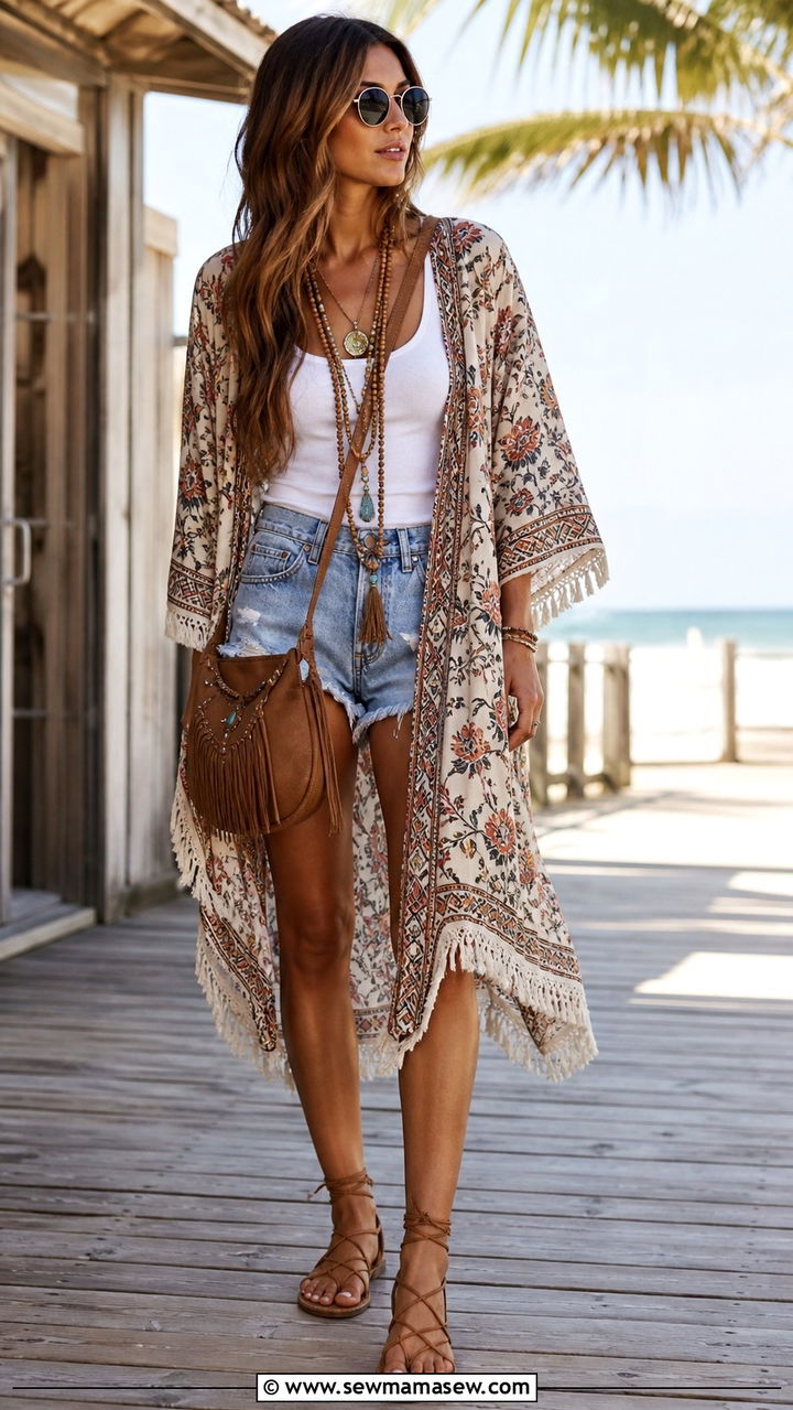 Kimono Cover Up And Shorts Summer Outfit - 40 Summer capsule wardrobe