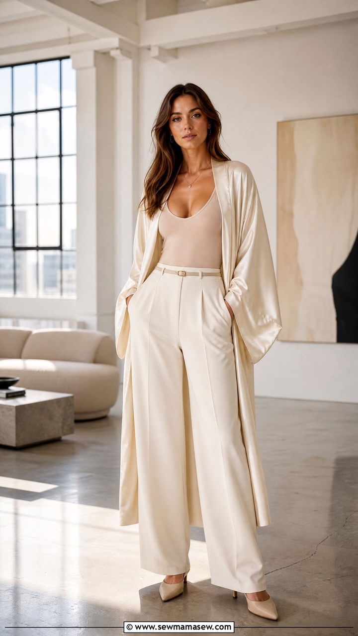 Kimono Cover Up With Bodysuit and WideLeg Trousers - 25 Kimono cover up outfit ideas