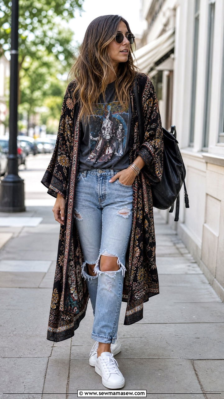 Kimono Cover Up With Graphic Tee and Ripped Jeans - 25 Kimono cover up outfit ideas