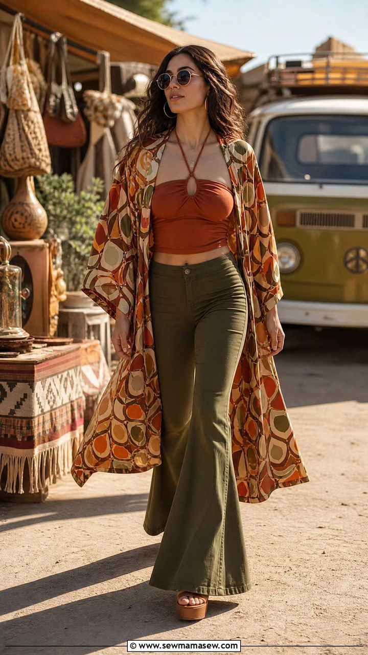Kimono Cover Up With Halter Top and Flared Pants - 25 Kimono cover up outfit ideas