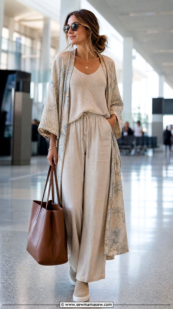 Kimono Cover Up With Knit Tank and Linen Trousers - 25 Kimono cover up outfit ideas