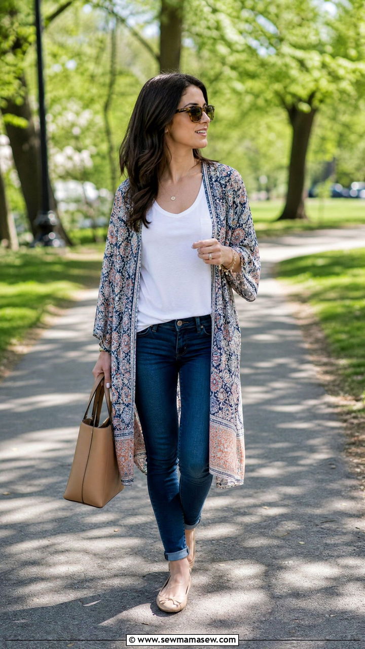 Kimono Cover Up With Skinny Jeans and Simple Tee - 25 Kimono cover up outfit ideas
