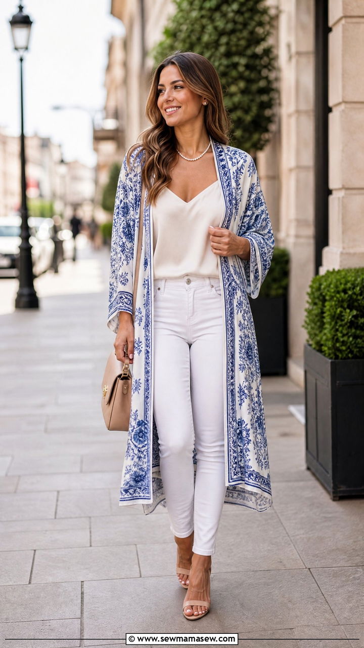 Kimono Cover Up With White Jeans and Cami - 25 Kimono cover up outfit ideas
