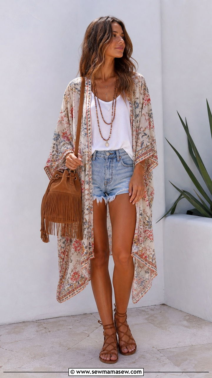 Kimono Jacket Over Tank and Denim Shorts - 40 boho chic outfits