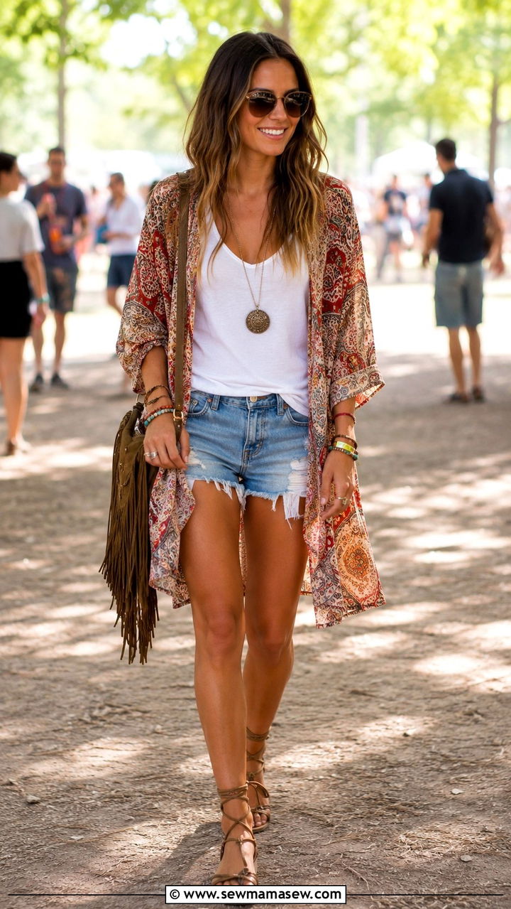 Kimono Jacket With Denim Shorts Boho Outfit - 25 boho chic outfits inspo