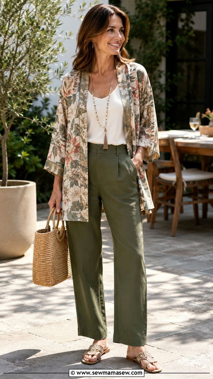 Kimono Jacket With Straight Leg Trousers Outfit - 20 Outfit ideas for inverted triangle over 40