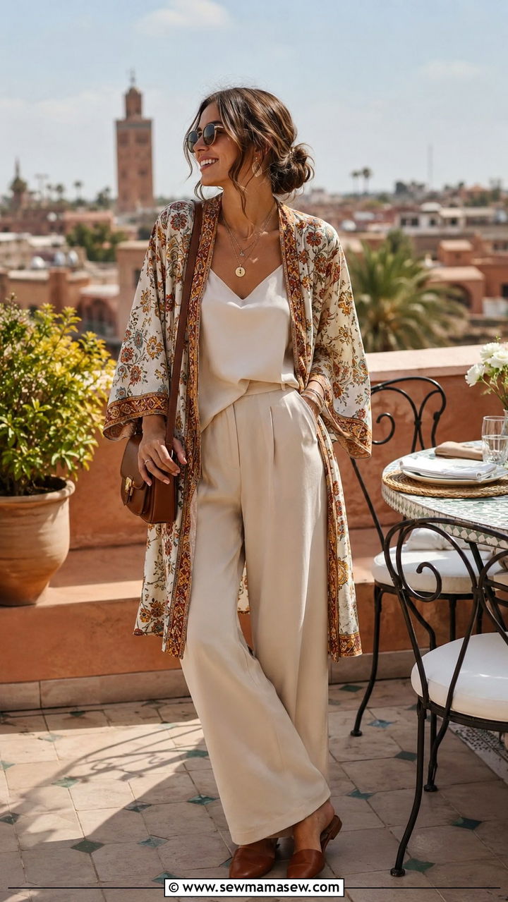 Kimono Jacket with Camisole and Wide Leg Trousers - 20 Modest outfit ideas for Morocco