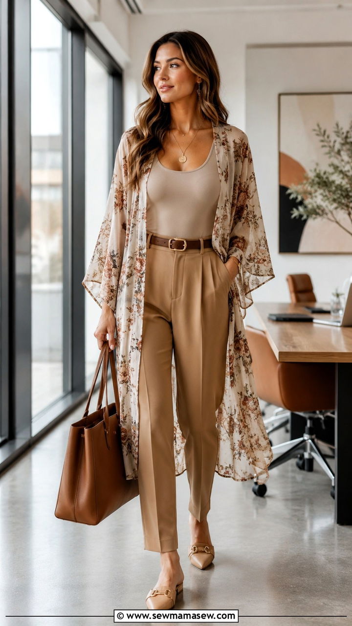 Kimono Jacket with Tailored Trousers - 30 classy boho chic outfits