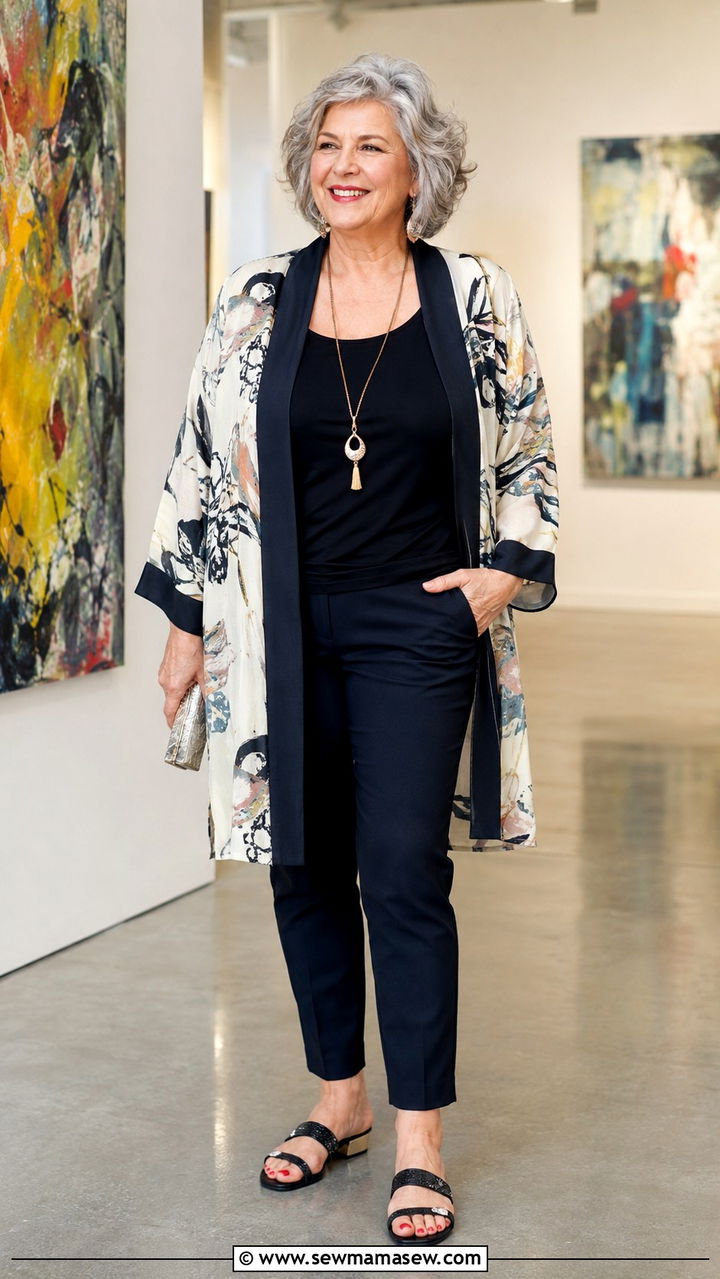 Kimono Jacket with Tank Top and Slim Ankle Pants - 25 Plus size outfits for women over 60