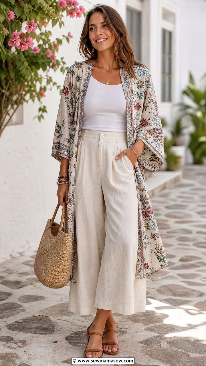 Kimono Jacket with Tank and Wide Leg Culottes - 25 Outfits for no waist