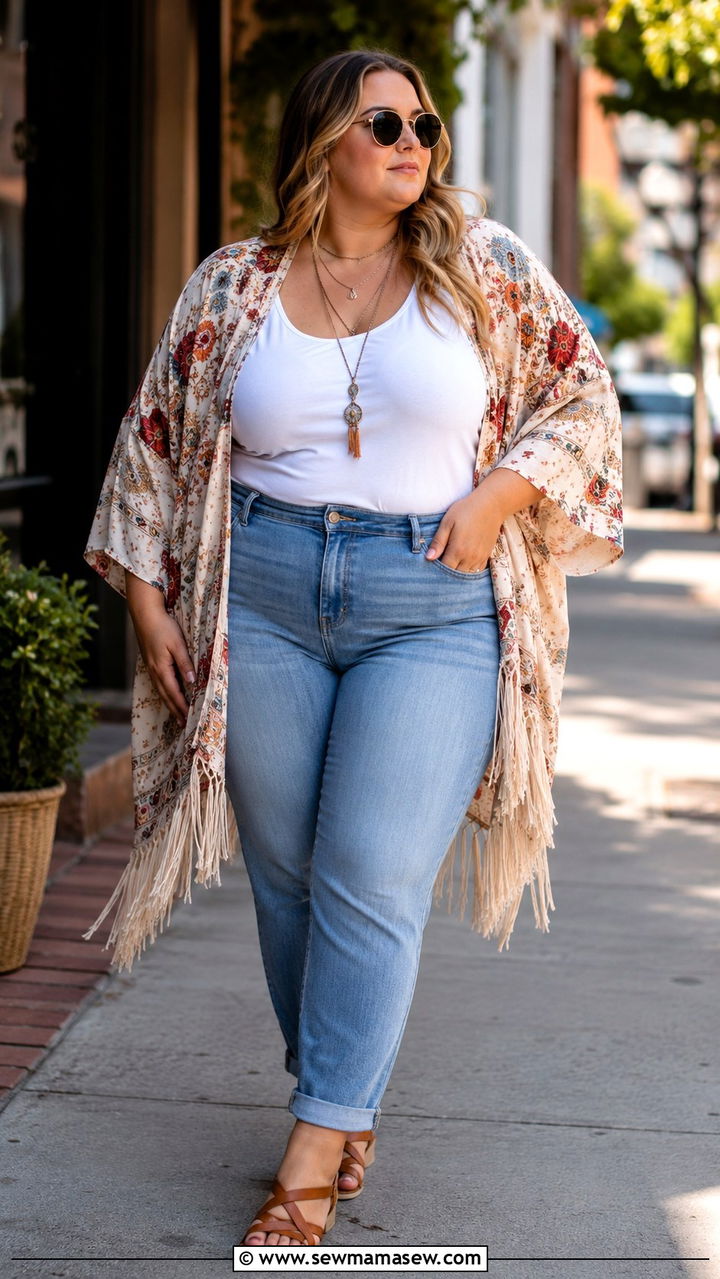 Kimono Layer Over Tank Top And Jeans - 30 Boho outfits for curvy women