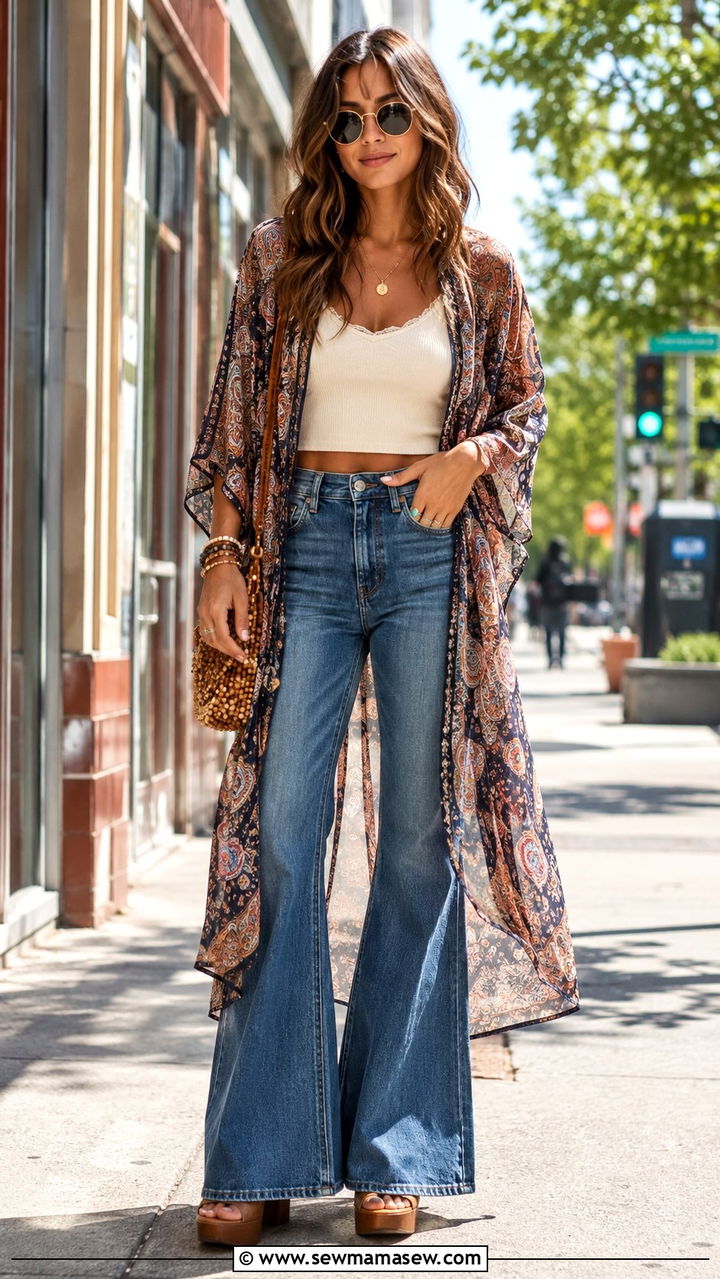 Kimono Over Crop Top And Flared Jeans - 30 Bohemian wardrobe essentials