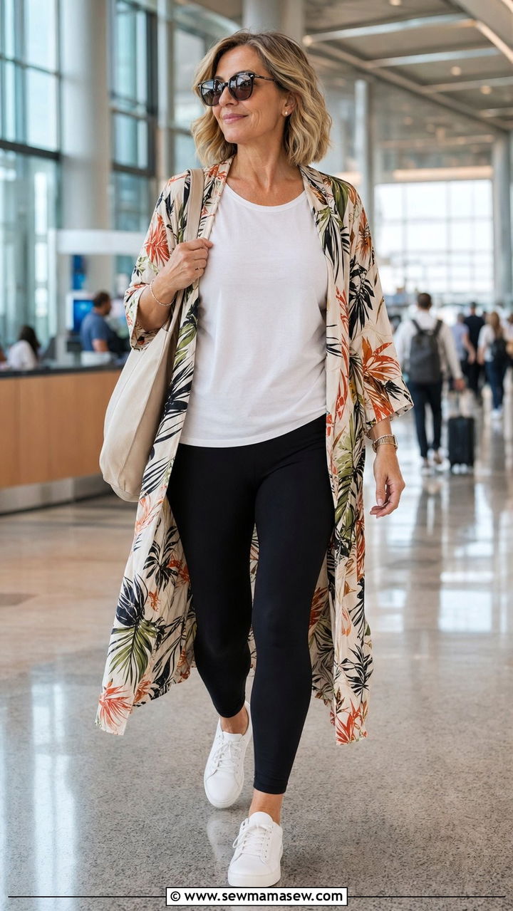 Kimono Over Tee And Leggings Airport Outfit - 35 Airport outfits for women over 40