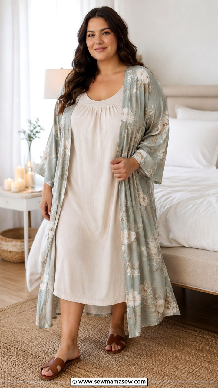 Kimono Robe And Nightgown Layered Pajama Look - 25 Pajama outfit ideas plus size