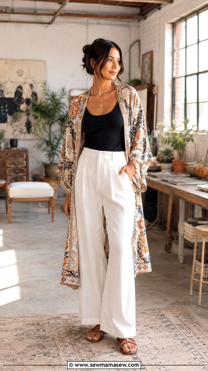 Kimono Robe With Wide Leg Trousers - 20 Robe outfit ideas 2026