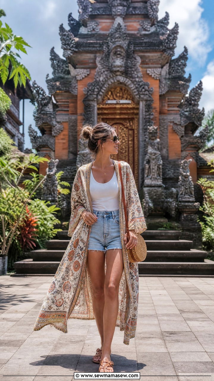 Kimono Robe with Denim Shorts - 30 Summer Bali outfit ideas