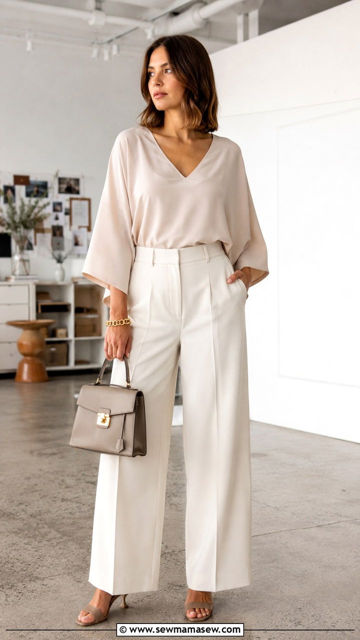 Kimono Sleeve Blouse and Wide Leg Trousers - 25 Outfit ideas for big bust plus size