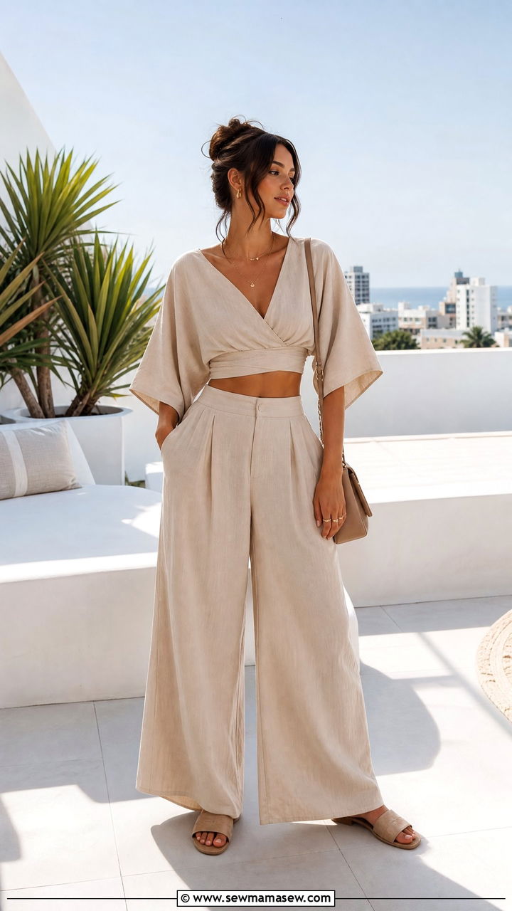 Kimono Sleeve Crop Top and Wide Leg Pants Set - 25 Kimono matching set outfit ideas