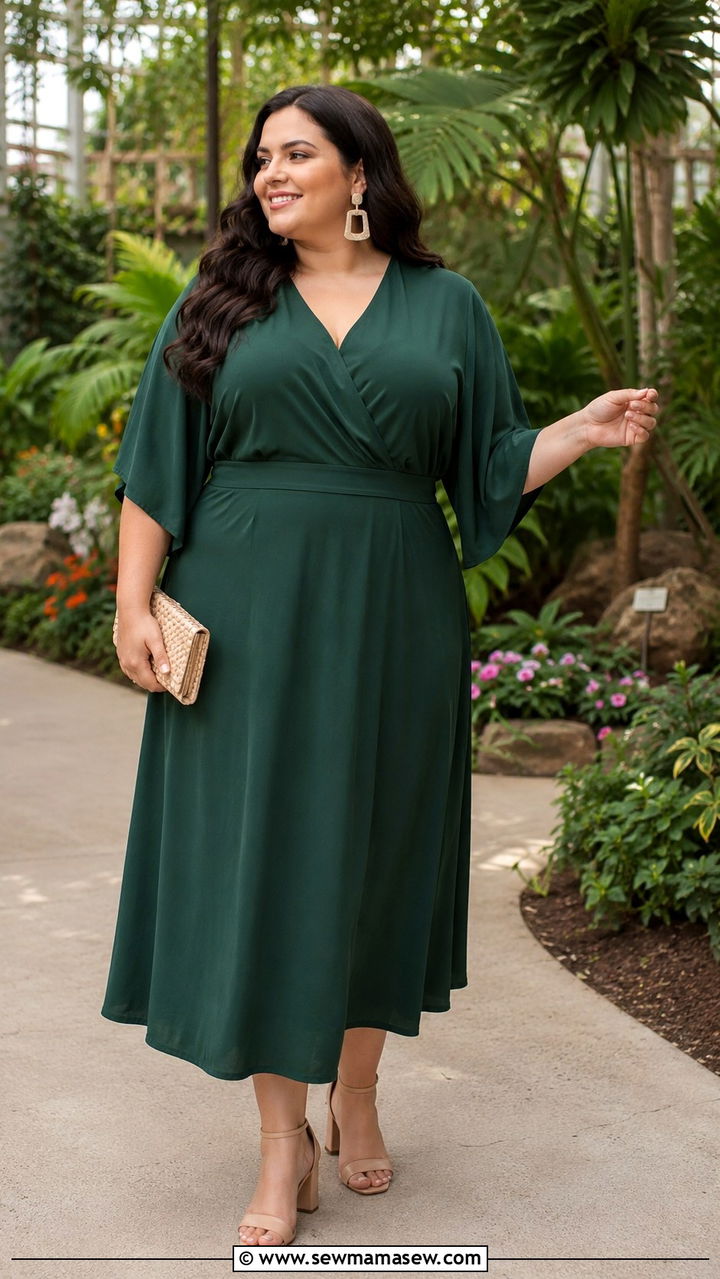 Kimono Sleeve Dress With Geometric Jewelry - 30 Plus size outfit ideas for wedding guest