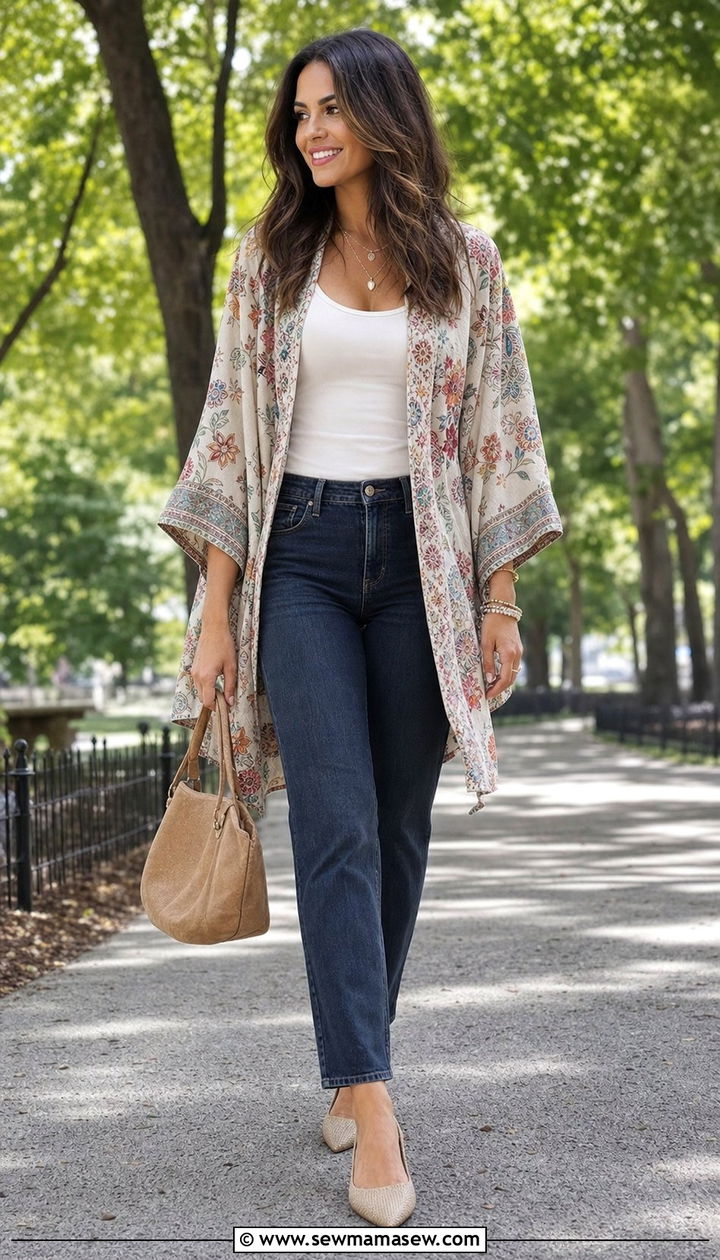 Kimono Sleeve Jacket With Straight Leg Jeans - 25 classy outfits for women with tummy