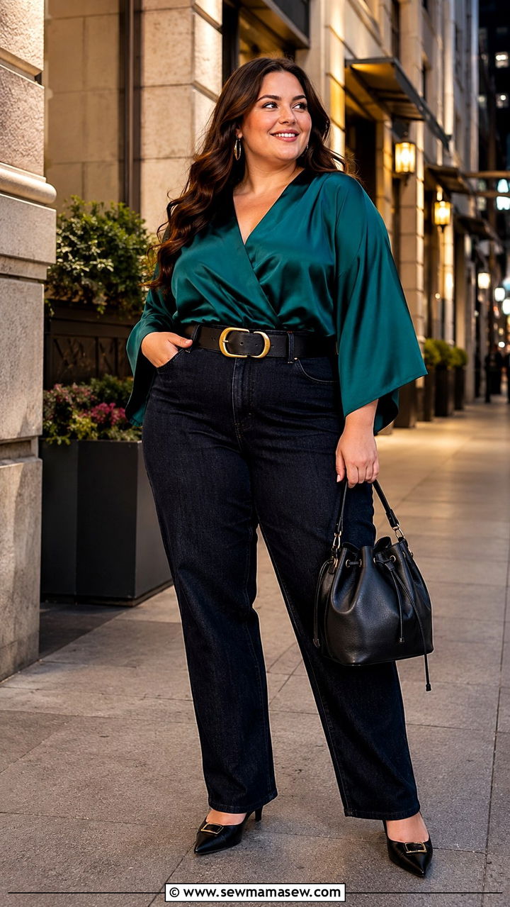 Kimono Sleeve Top With Dark Straight Jeans - 25 Outfit ideas for pear shape plus size