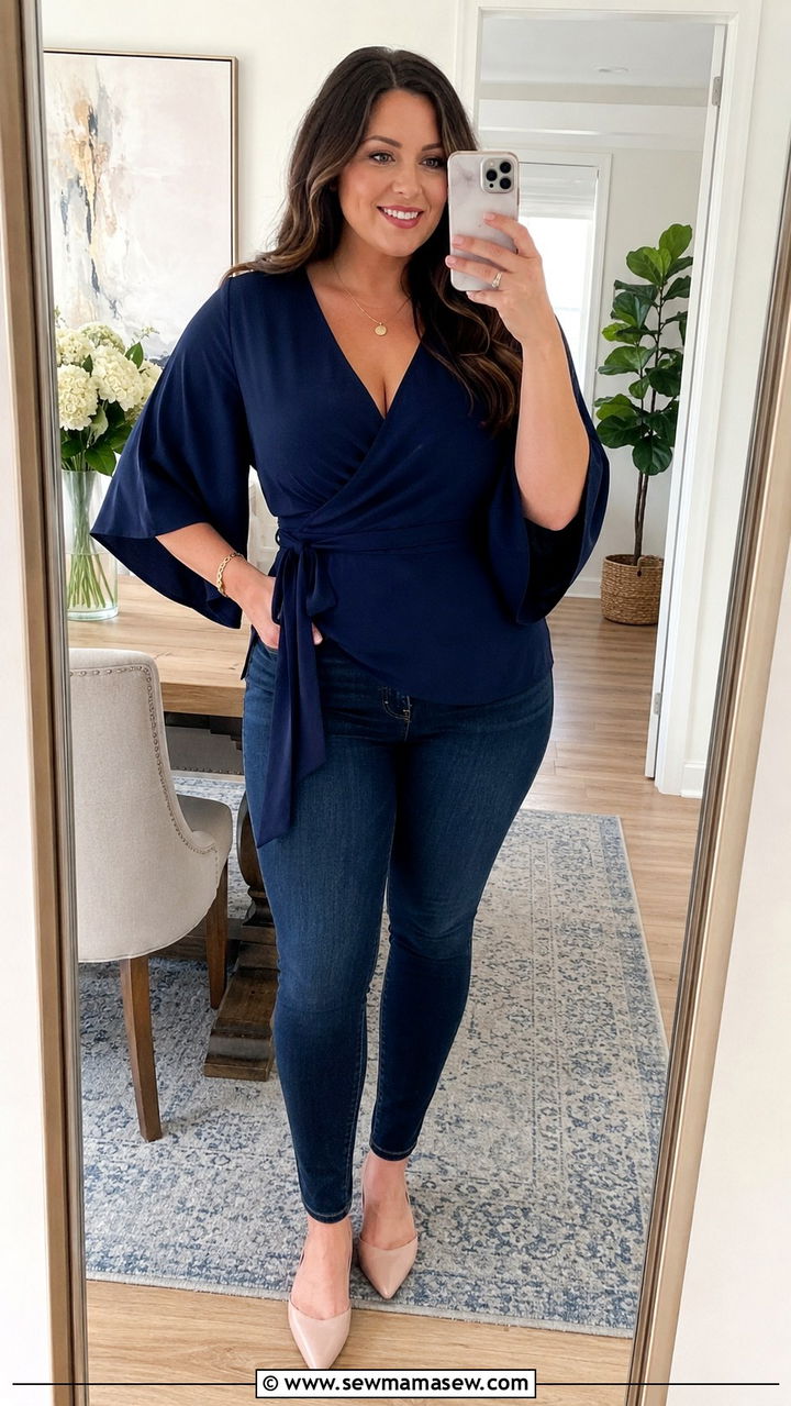 Kimono Sleeve Wrap Blouse With Skinny Jeans And Pointed Toe Flats - 25 Outfit ideas for curvy upper body