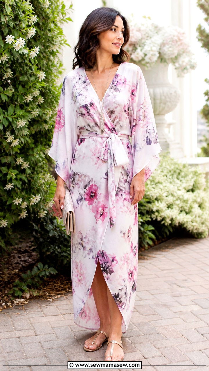 Kimono Sleeve Wrap Dress With Flat Sandals - 40 Garden wedding guest outfit ideas
