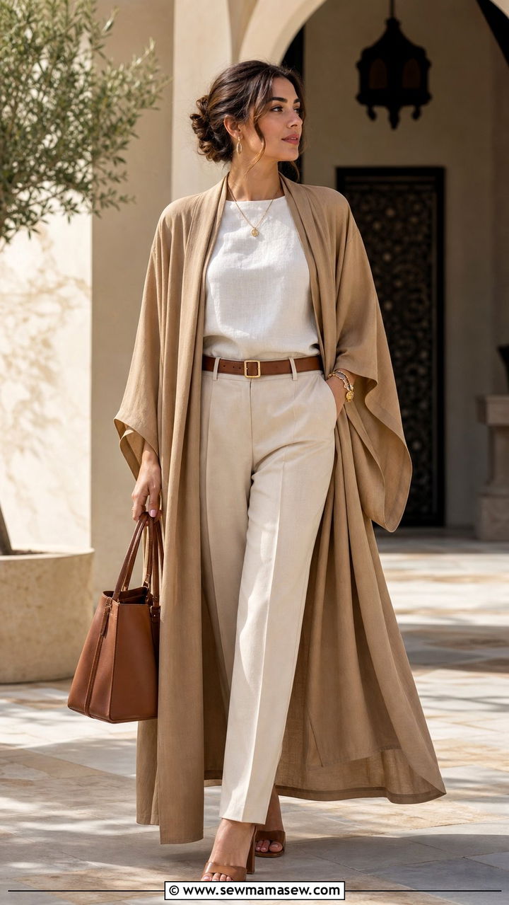 Kimono Style Abaya over Tailored Trousers - 25 Eid al Fitr outfit ideas 2026