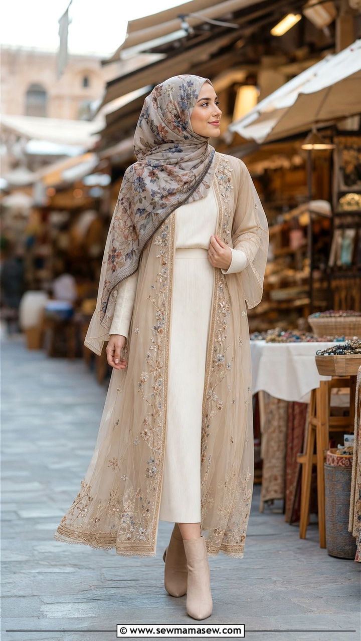Kimono Style Cardigan Over Midi Dress Outfit - 25 spring outfits for hijab women