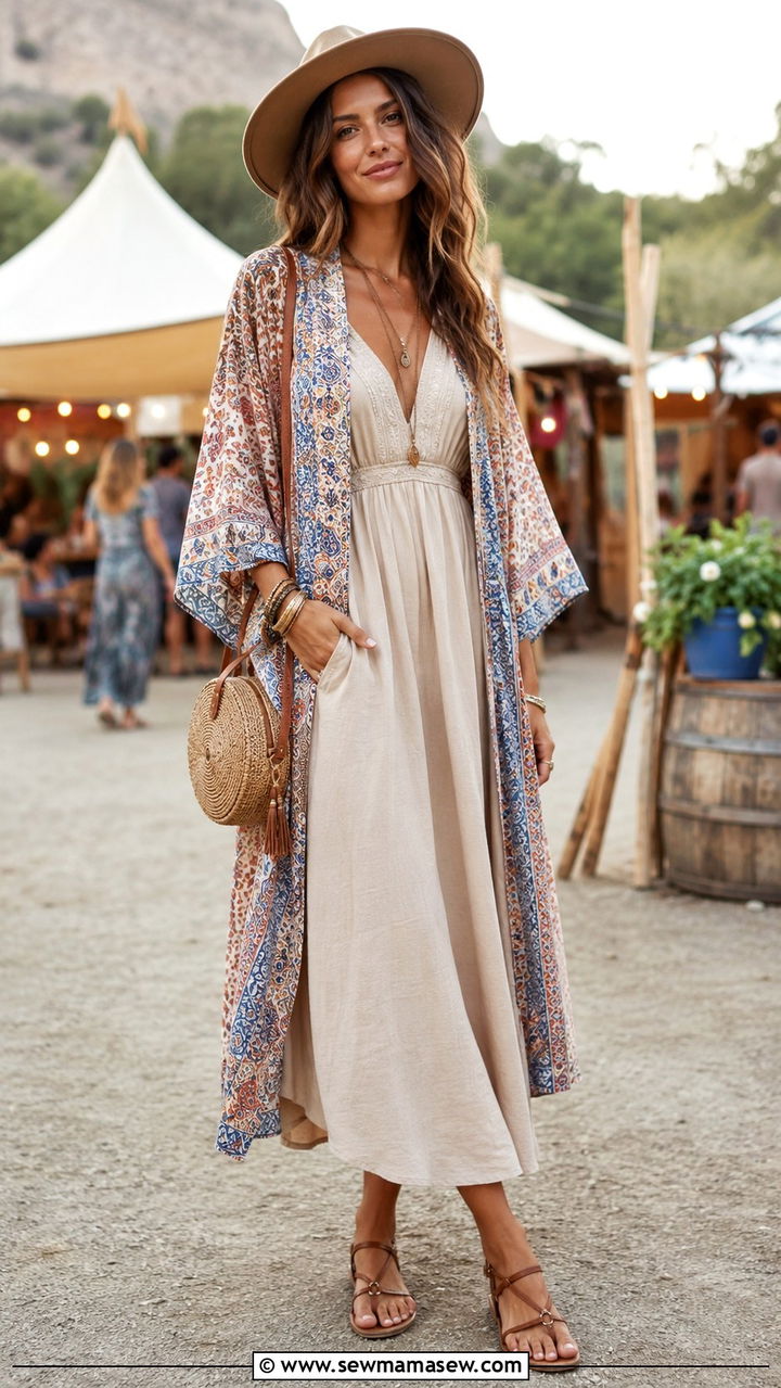 Kimono Style Cardigan with Maxi Midi Dress and Flat Sandals - 30 Midi dress outfit ideas with a cardigan