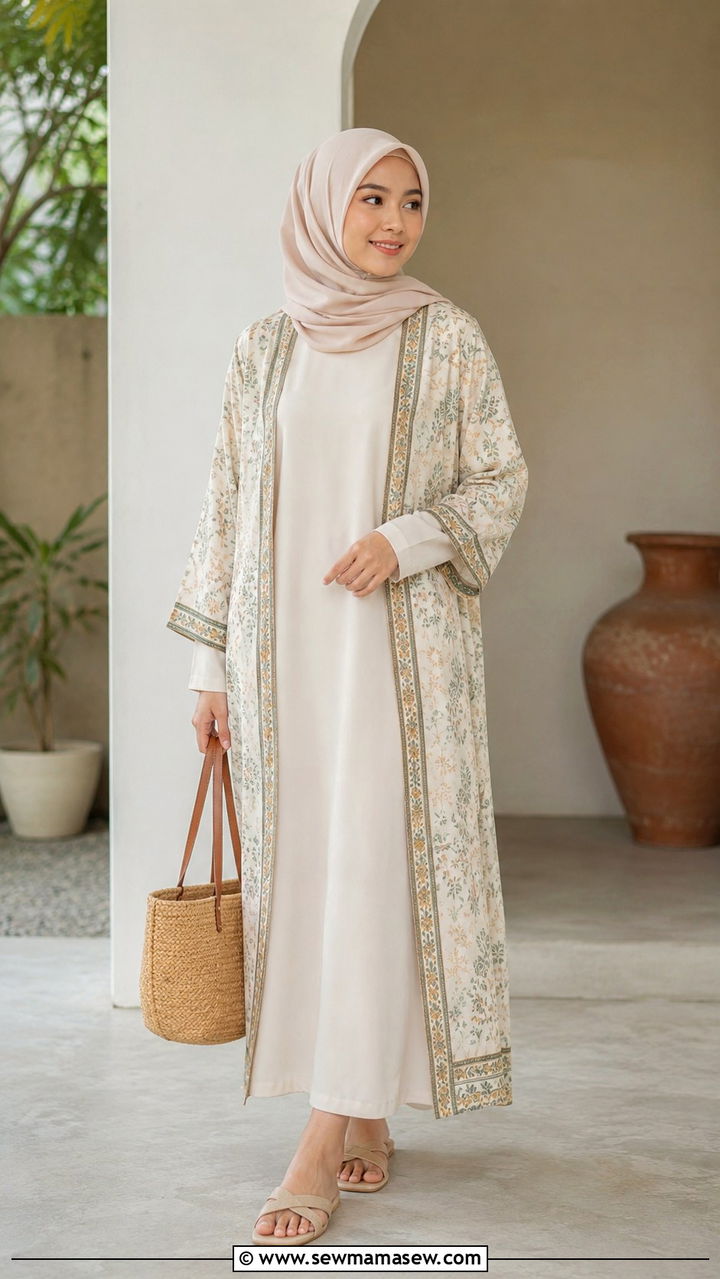 Kimono Style Cardigan with Midi Dress and Sandals - 25 work outfits for hijab women