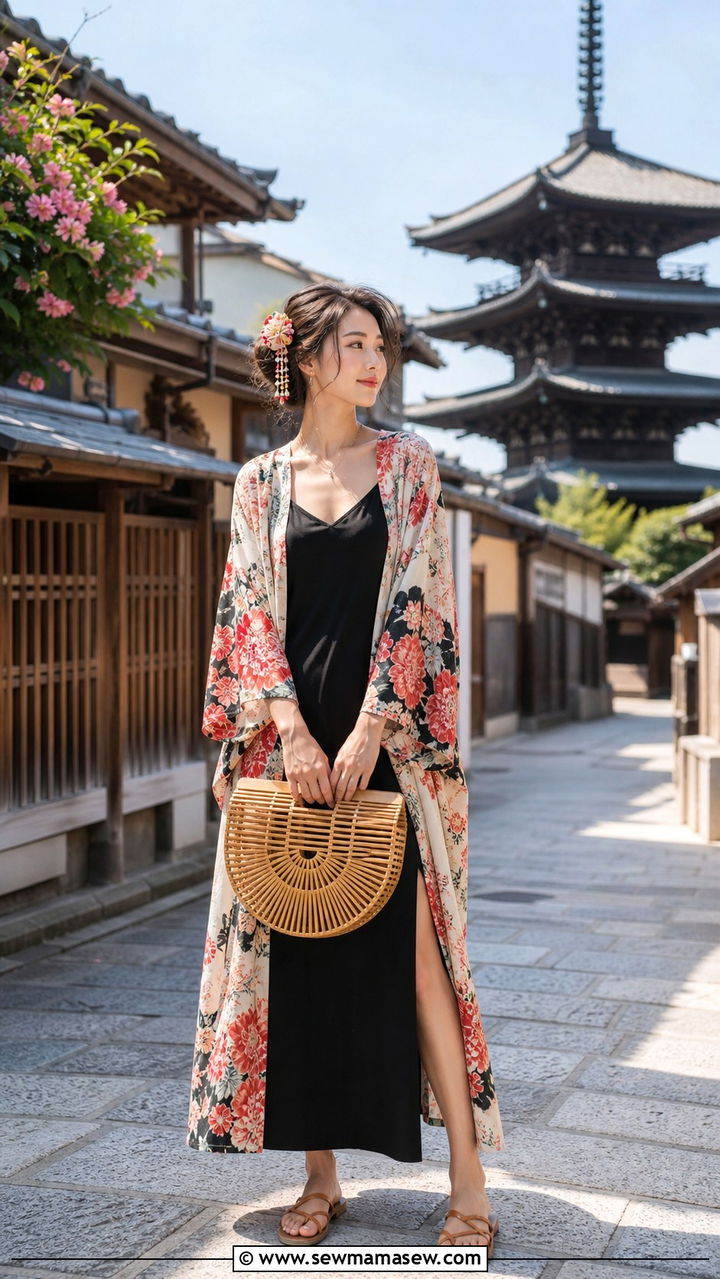 Kimono Style Jacket Over a Slip Dress Outfit - 40 Summer Japan outfit ideas