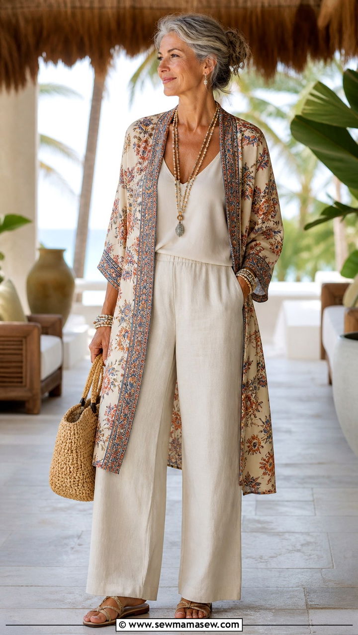 Kimono Style Jacket Over a Tank and Wide Leg Pants - 20 Apple shape outfits for women over 50