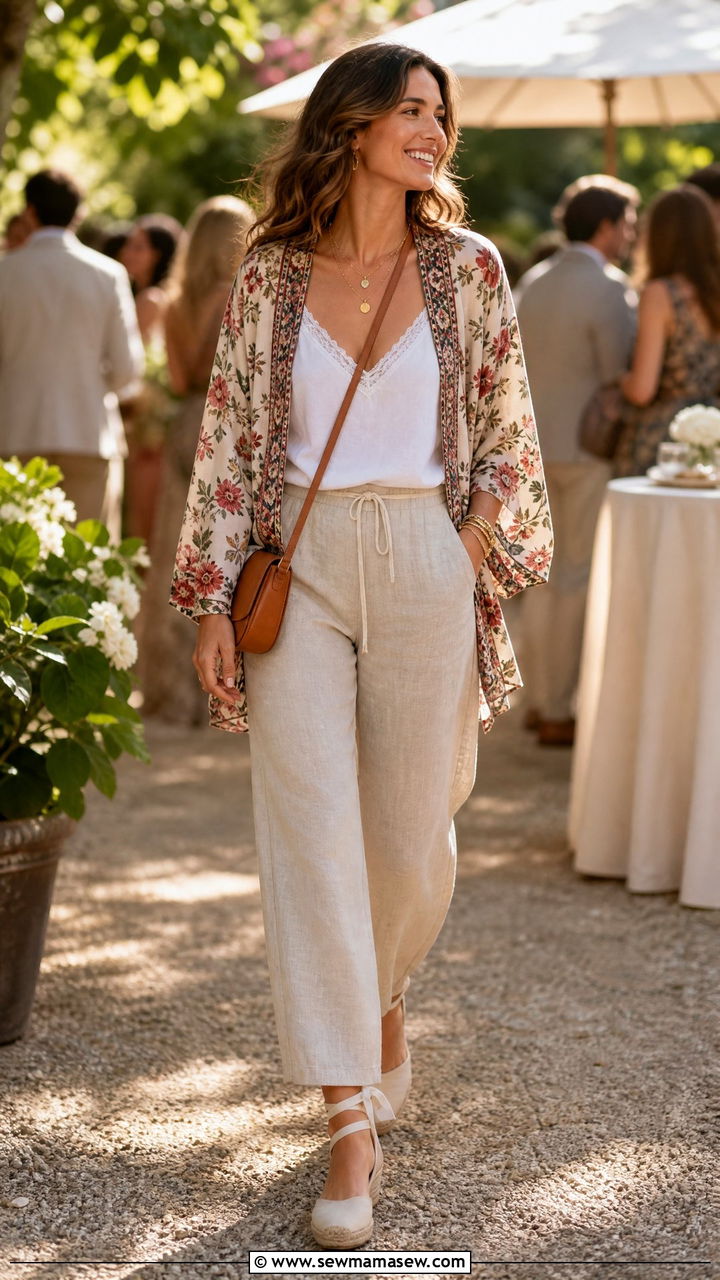 Kimono Style Jacket With Linen Trousers And Slip On Espadrilles - 25 Spring outfits with slip ons