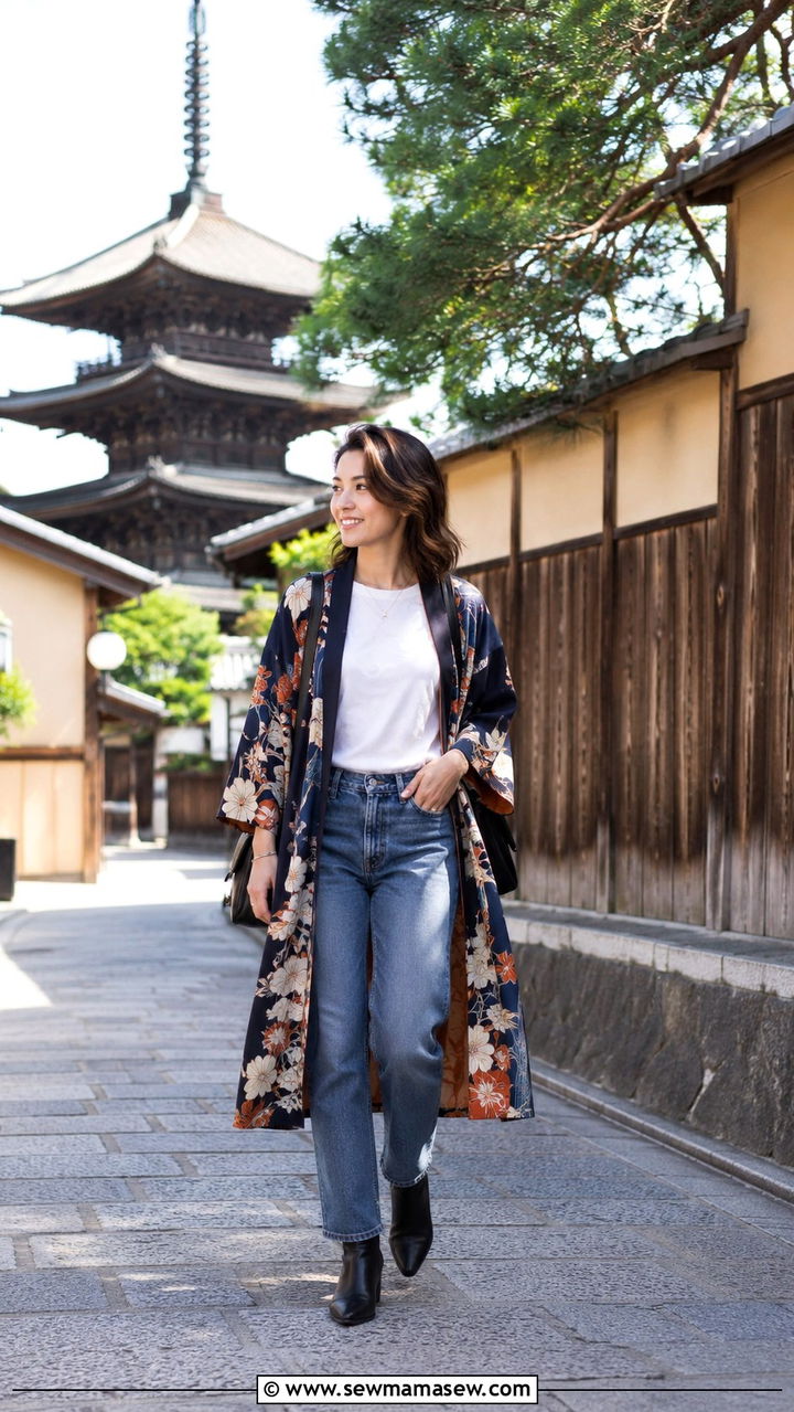 Kimono Style Jacket With Straight Leg Jeans And White Tee - 30 Tokyo vacation outfit ideas