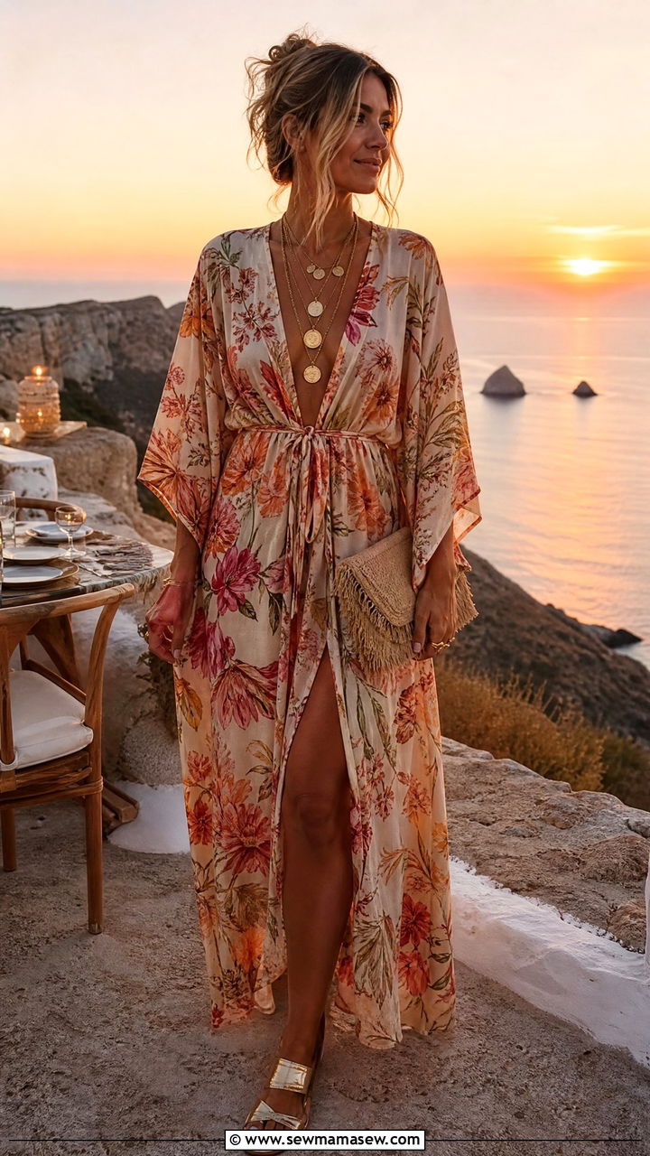 Kimono Style Maxi Dress With Gold Jewelry - 35 Ibiza vacation outfit ideas