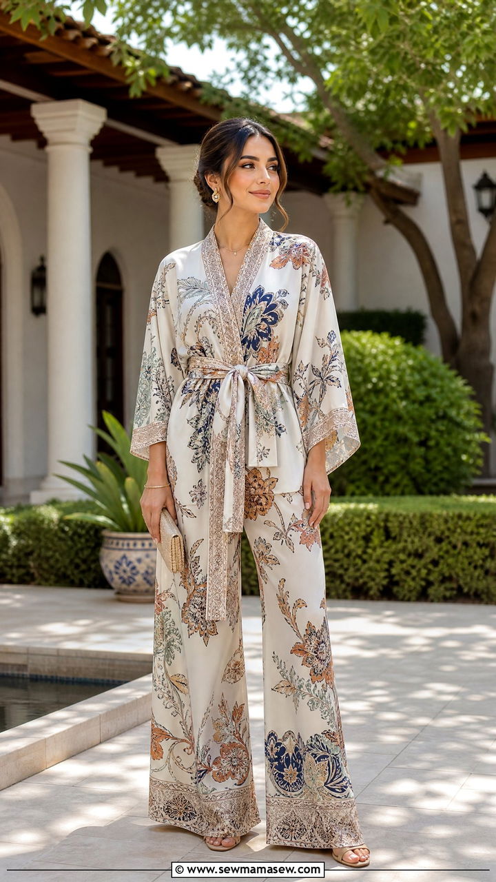 Kimono Style Top and Wide Leg Pants - 25 Matching set outfit ideas modest
