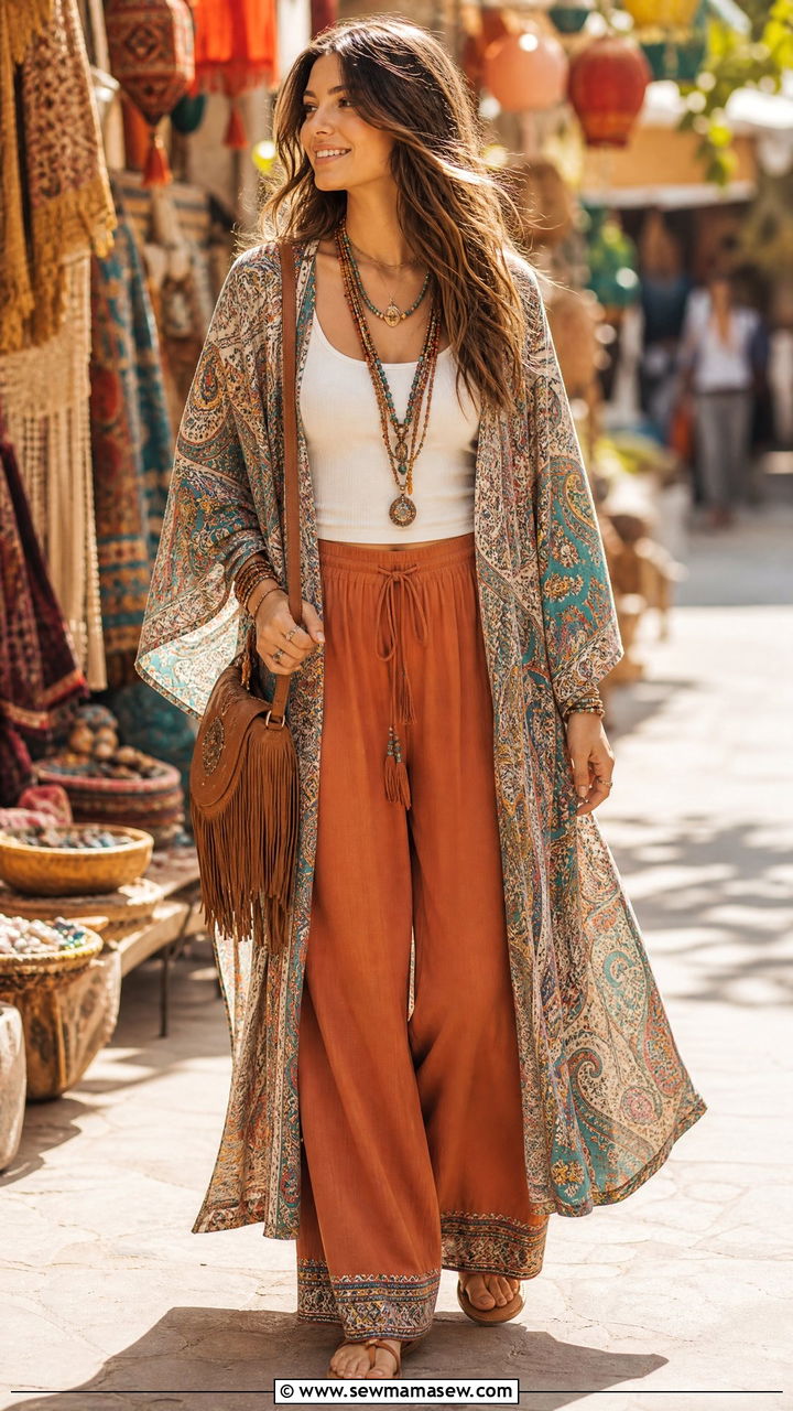 Kimono With Palazzo Pants Boho Look - 30 summer palazzo pants outfit ideas