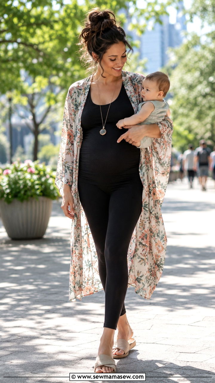 Kimono Wrap with Tank Top and Leggings Postpartum - 25 Postpartum outfit ideas that fit new body