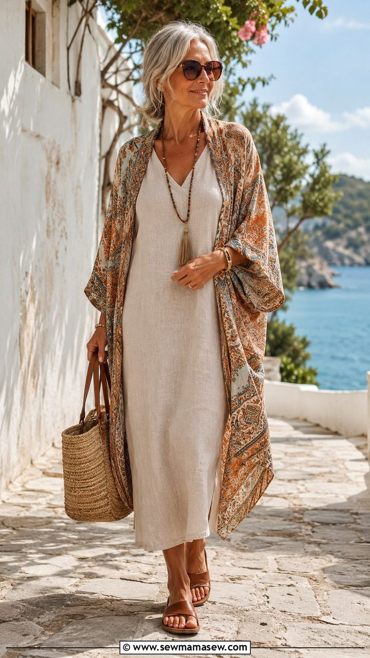 Kimono Wrap with a Linen Shift Dress - 30 Boho outfit ideas for women over 50