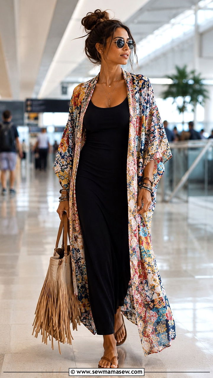 Kimono and tank dress - 25 Airport outfit ideas for beach vacation