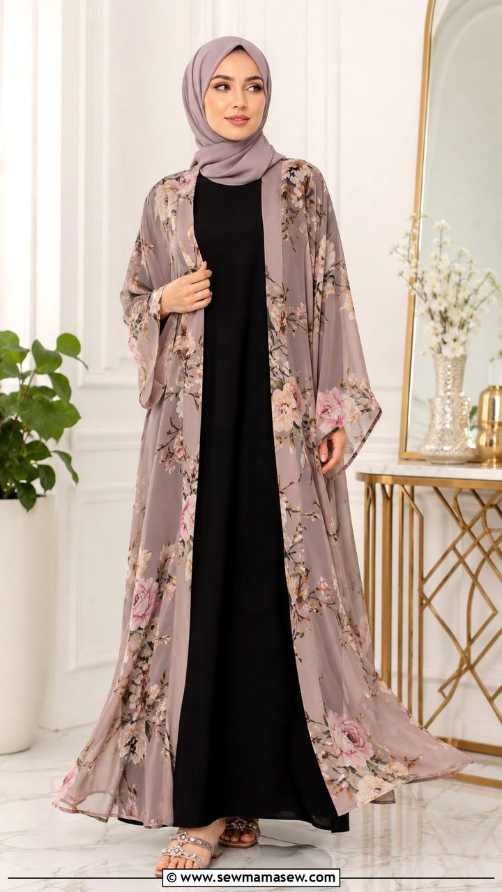 Kimono cardigan layered over abaya - 30 Modest outfit ideas with cardigan