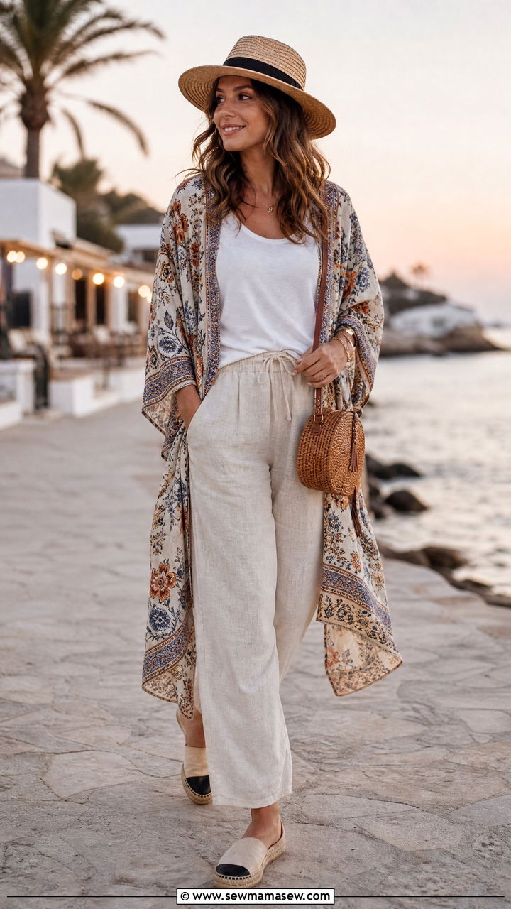 Kimono cover up and tank with straw hat - 30 Summer outfits with hats