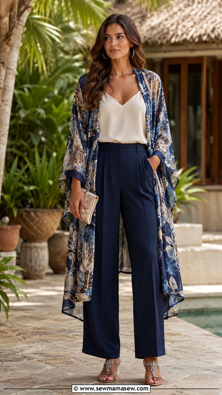 Kimono cover up layered over camisole and trousers - 25 Balmy evening outfit ideas